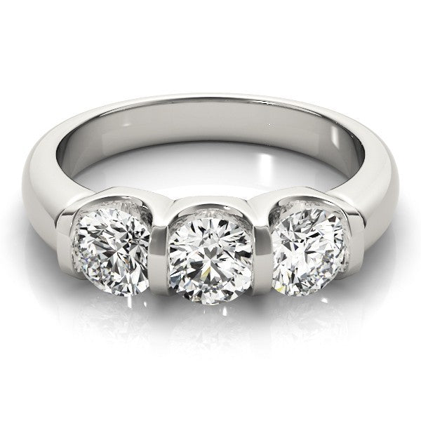 Silver ring with three diamonds on a white background