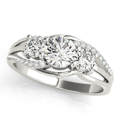 Diamond ring with three circular diamonds on a white background