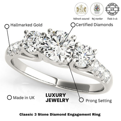 Lab Grown Round Cut Diamond 3-Stone Engagement Ring In DE/VS 0.50Ct To 2.00Ct