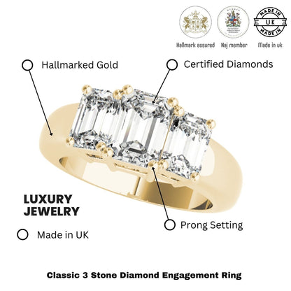 Lab Grown Emerald Cut Diamond Ring 18K Yellow Gold 3 Stone Ring