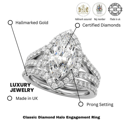2.00Ct DE/VS Lab Grown Marquise Diamond Halo Engagement Ring Platinum