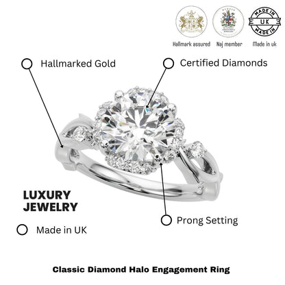 Lab-Grown Round Cut Diamond Halo Engagement Ring Platinum