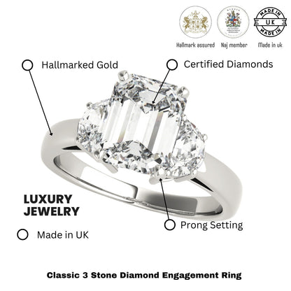 Lab-Grown Emerald Cut Diamond Trilogy Engagement Ring 18K White Gold