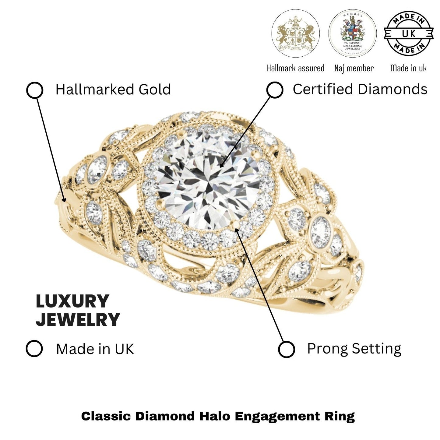 2.00Ct Lab Grown Round Diamond Halo Engagement Ring 18K Yellow Gold