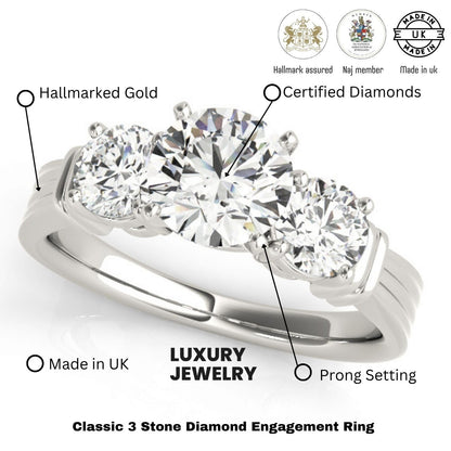 Round Cut Lab Grown Diamond Claw Set Trilogy Engagement Ring Platinum In DE/VS 2.00Ct