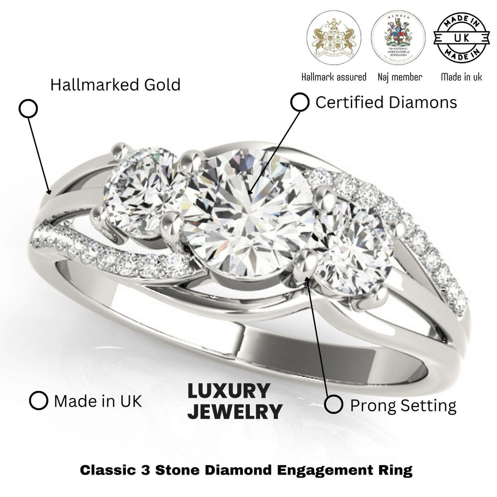 Diamond engagement ring with hallmarking details on a white background