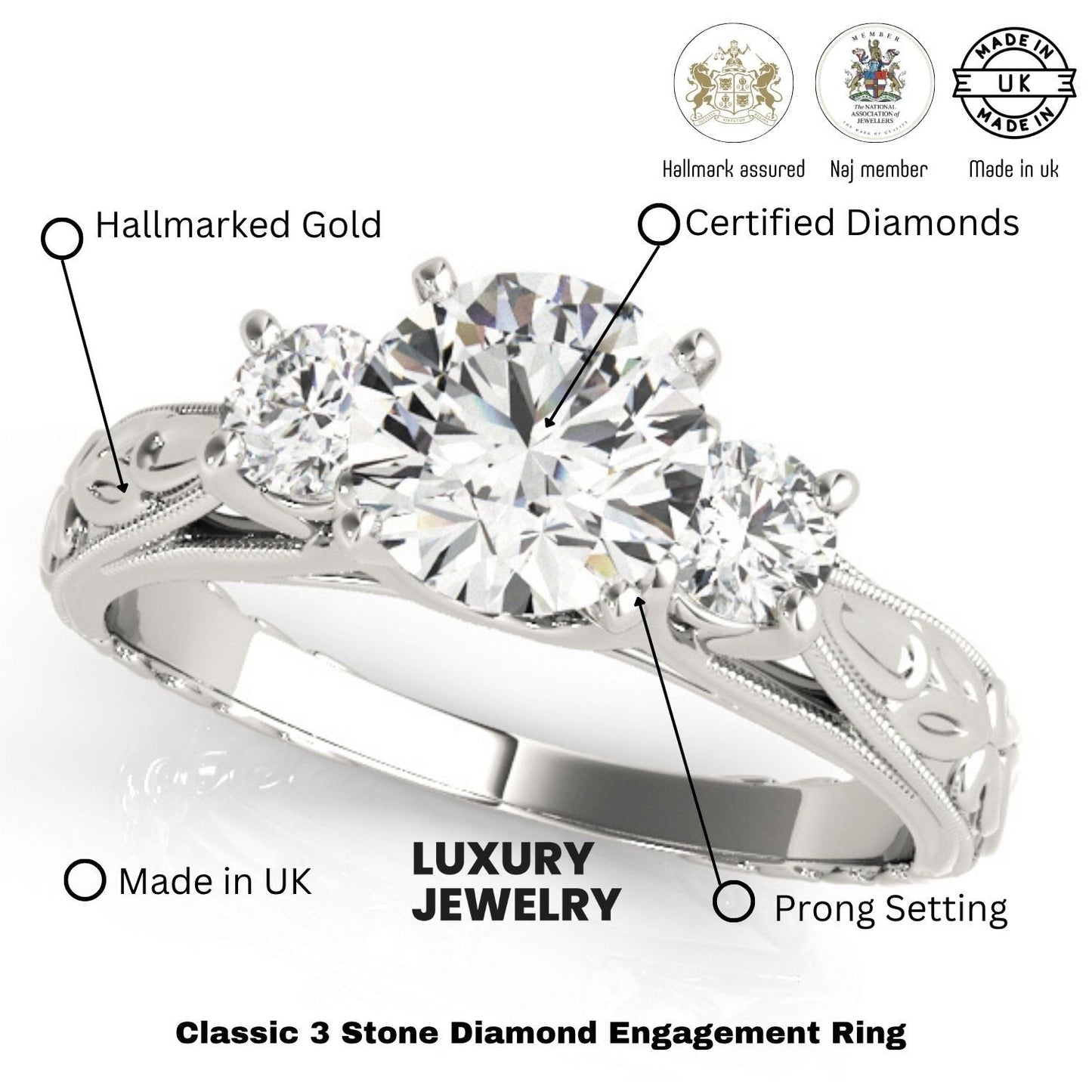 Lab Grown Round Diamond Art Designer 3 Stone Engagement Ring Platinum