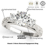Lab Grown Round Diamond Art Designer 3 Stone Engagement Ring Platinum
