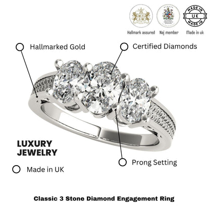 Lab-Grown Oval Diamond 3 Stone Engagement Ring In 18K White Gold