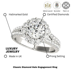 Lab Grown Round Diamond Halo Engagement Ring 18K White Gold