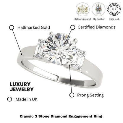 Platinum Lab Grown Round Cut Diamond Trilogy Engagement Ring In 2.00ct DE/VS