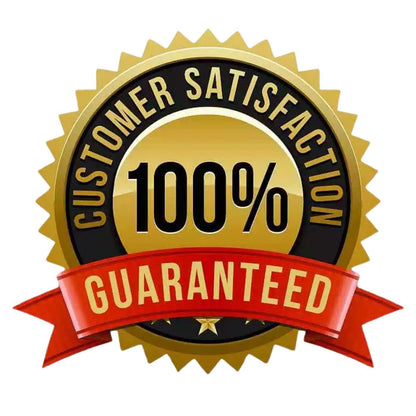 Gold and black badge with 'Customer Satisfaction 100% Guaranteed' text on a white background