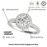 Bague de fiançailles en or blanc 18 carats avec halo de diamants ronds de laboratoire