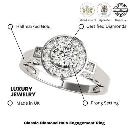 Lab Grown Round Diamond Halo Engagement Ring 18K White Gold