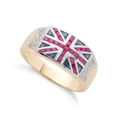 Bague homme en or jaune 9 carats, ornée d'un diamant rond de 1,34 ct et de plusieurs pierres, représentant l'Union Jack.