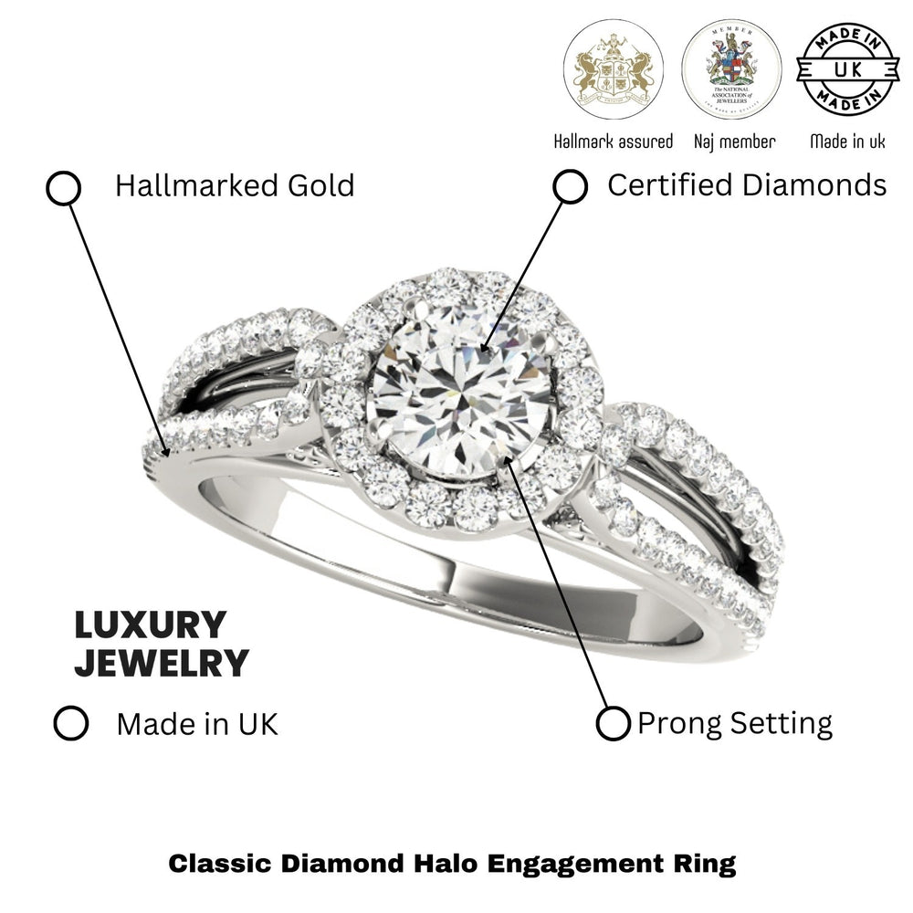 Lab Grown Round Diamond Halo Engagement Ring 18K White Gold