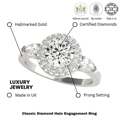 2.00Ct DE/VS Lab Grown Round Diamond Halo Engagement Ring 18K White Gold