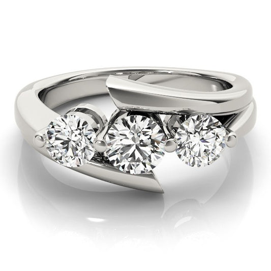 Silver ring with three diamonds on a white background