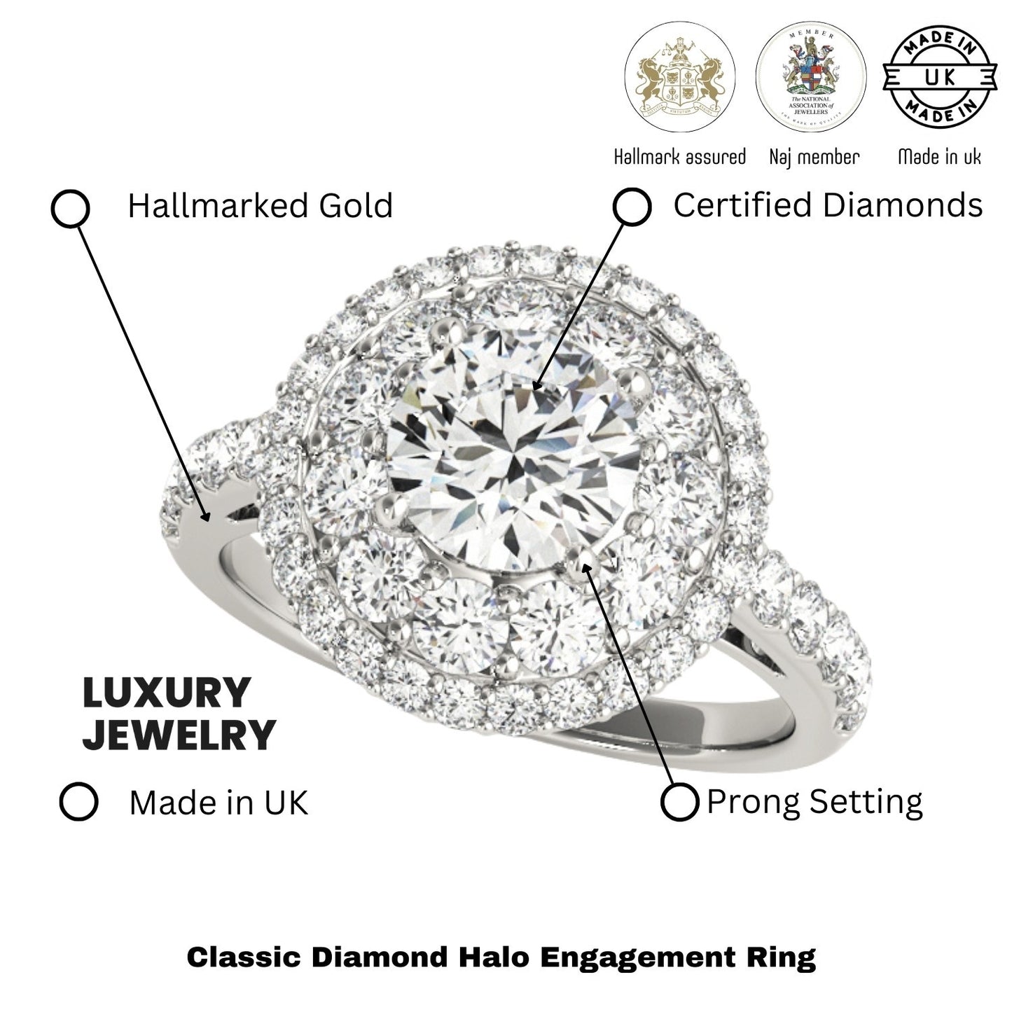 3.00 Carat Lab Grown Round Cut Diamond Halo Engagement Ring 18K White Gold