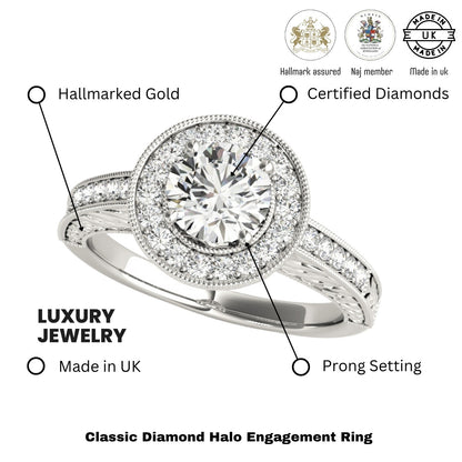 Lab Grown Round Cut Diamond Halo Engagement Ring 
