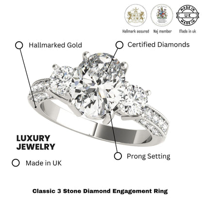 Platinum 2.00CT DE/VS Lab Grown Oval Cut Diamond Trilogy Engagement Ring