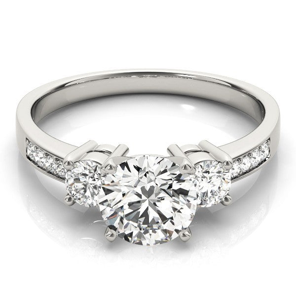 3 Stone Lab Grown Diamond Engagement Ring featuring a brilliant round center and two side diamonds.