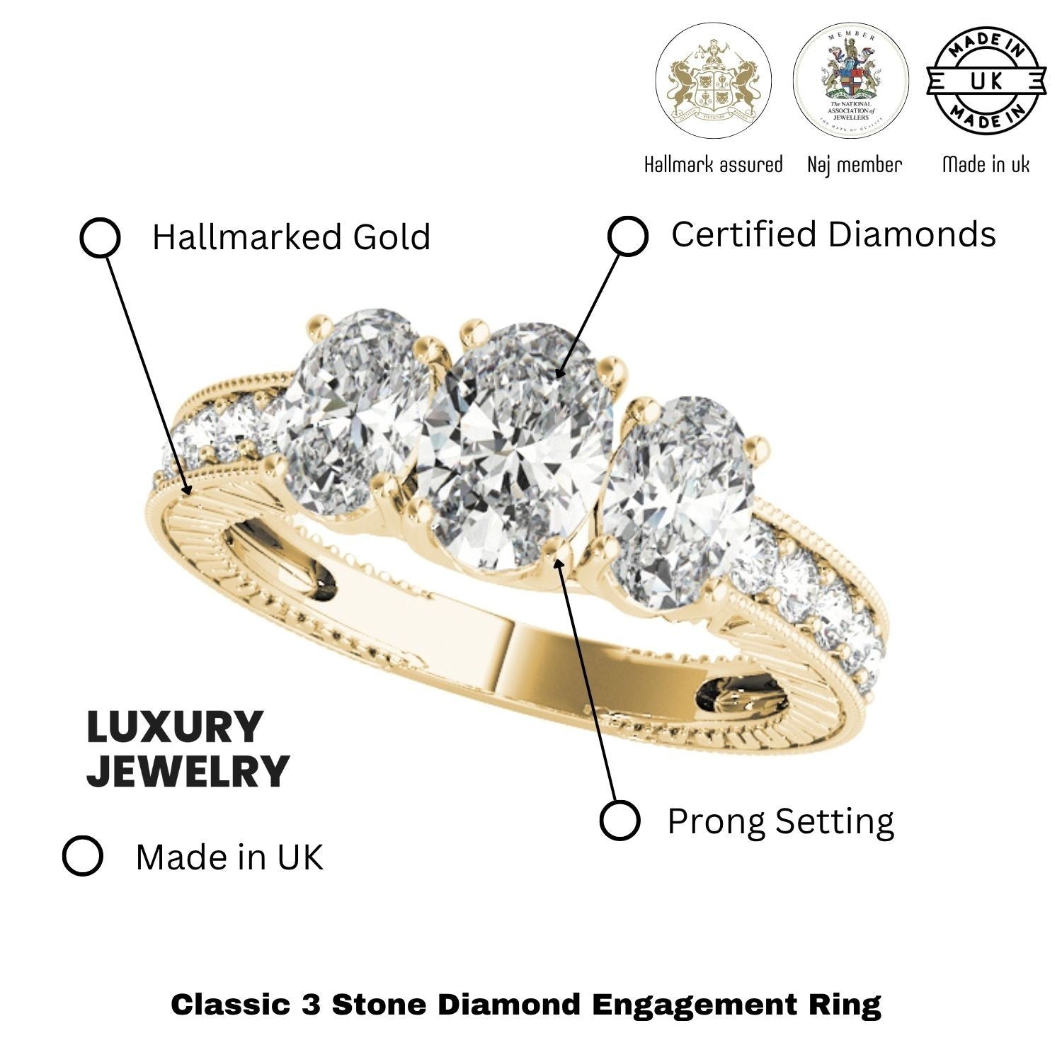 Gold ring with three diamonds, labeled for hallmarked gold, certified diamonds, prong setting, made in UK, and luxury jewelry.