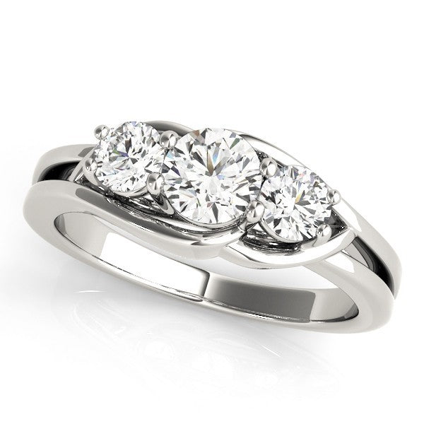 Diamond ring with three circular diamonds on a white background