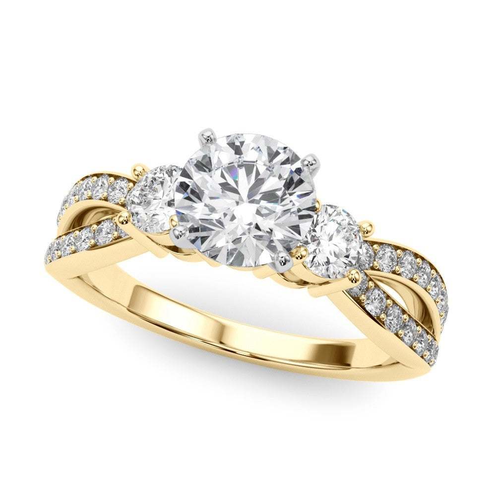 Gold ring with a large diamond and smaller diamonds on a white background