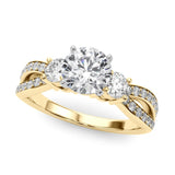 Gold ring with a large diamond and smaller diamonds on a white background
