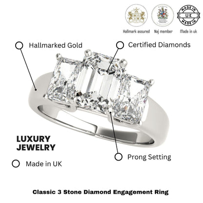 Diamond engagement ring with labeled features on a white background