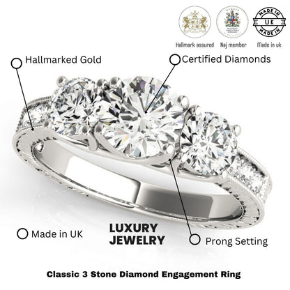 Lab Grown Round Diamond 3 Stone Engagement Ring Platinum