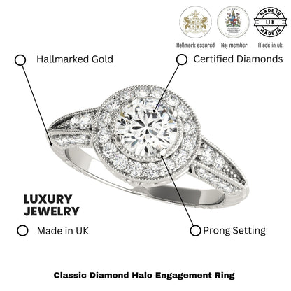 Lab Grown Round Diamond Halo Engagement Ring 18K White Gold