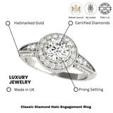 Bague de fiançailles en or blanc 18 carats avec halo de diamants ronds de laboratoire