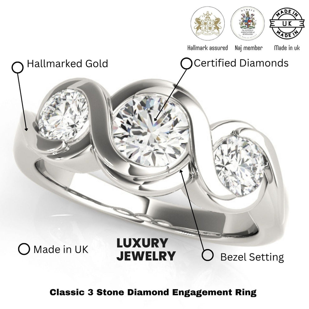 Diamond engagement ring with hallmarking details on a white background