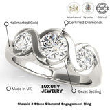 Diamond engagement ring with hallmarking details on a white background