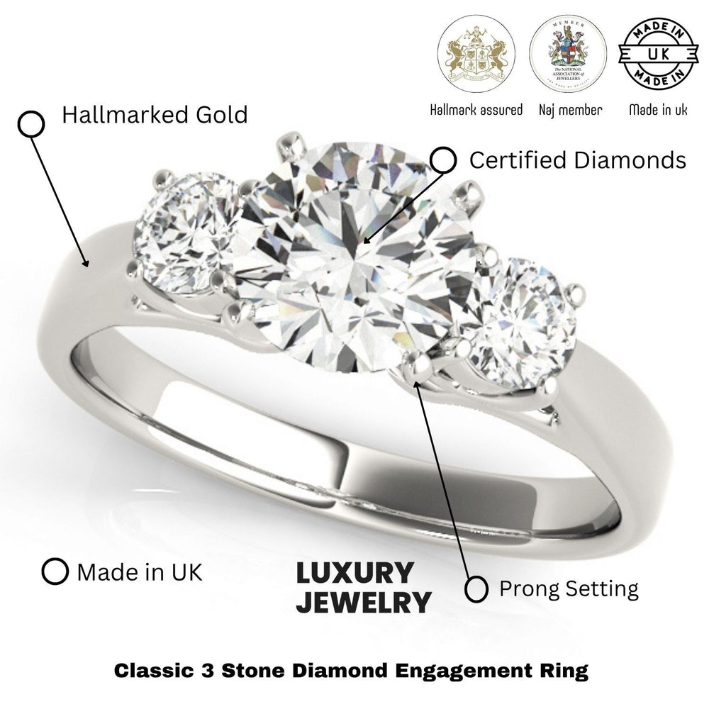 Classic Round Diamond 3 Stone Engagement Ring Platinum Lab Grown