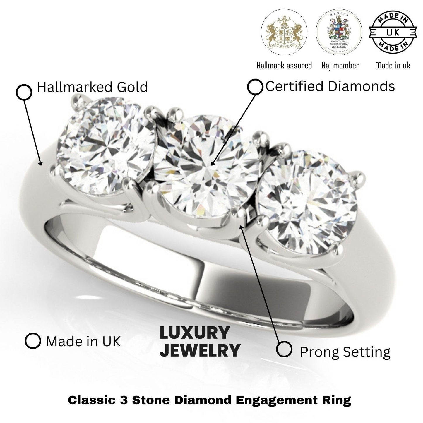 2.00Ct Claw Set Lab Grown Round Diamond 3 Stone Engagement Ring Platinum