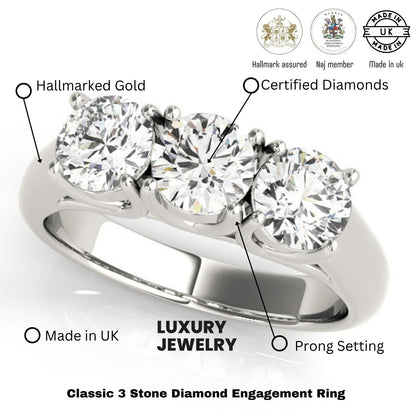 2.00Ct Claw Set Lab Grown Round Diamond 3 Stone Engagement Ring Platinum