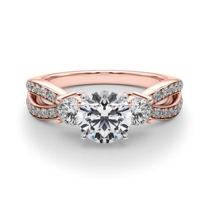 Rose gold diamond ring with a white gemstone on a light gray background