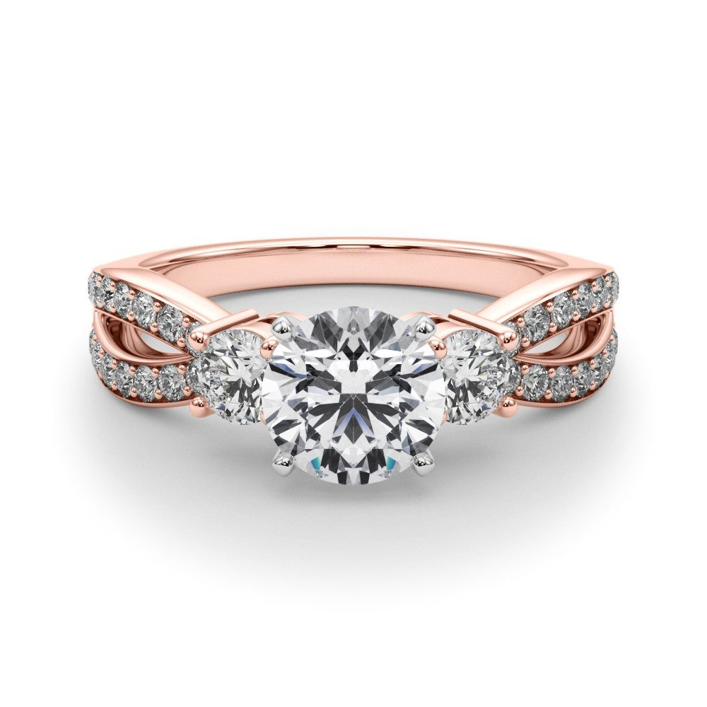 Rose gold diamond ring with a white gemstone on a light gray background
