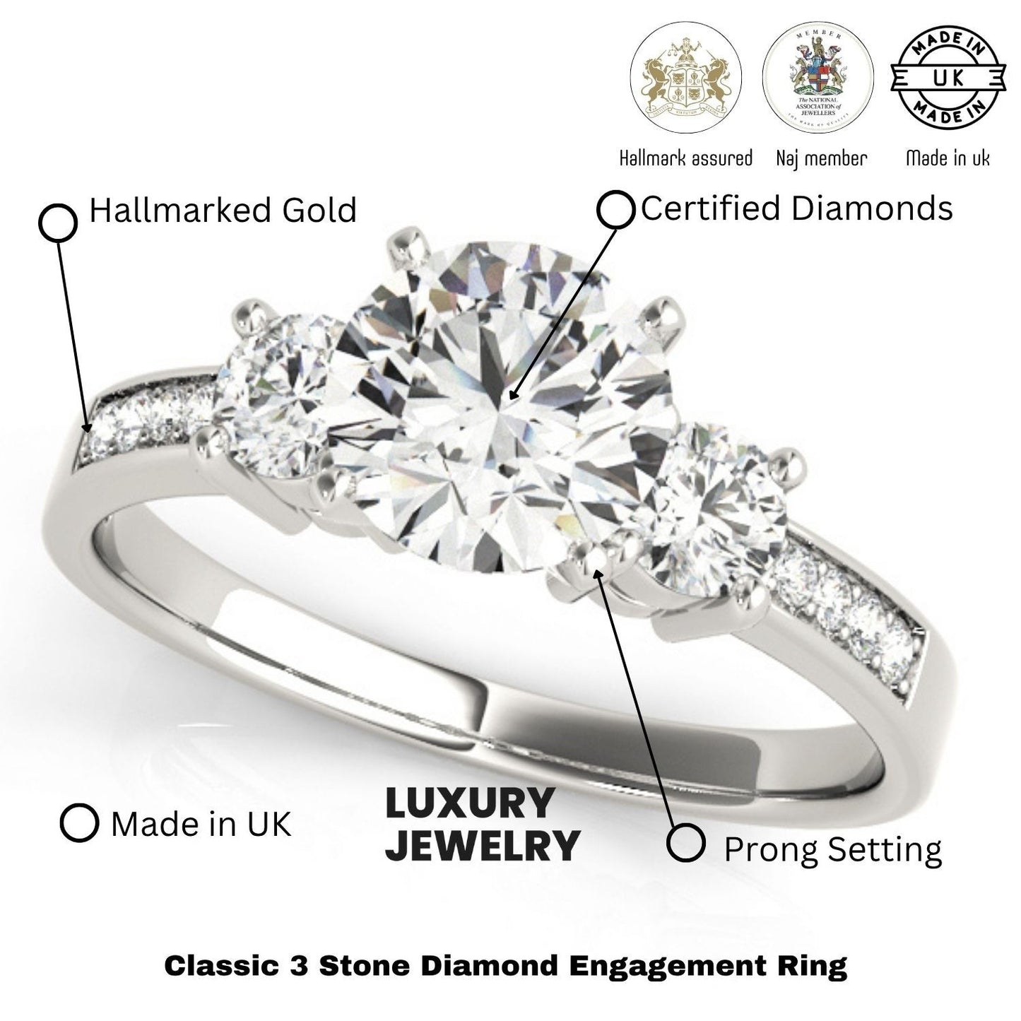 0.50Ct To 2.00Ct Lab Grown Round Diamond 3 Stone Engagement Ring Platinum