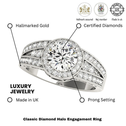Lab Grown Round Diamond Halo Engagement Ring 18K White Gold