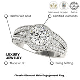 Bague de fiançailles en or blanc 18 carats avec halo de diamants ronds de laboratoire