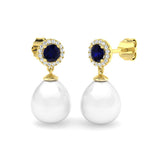 Blue Sapphire Halo Pearl Diamond Earrings