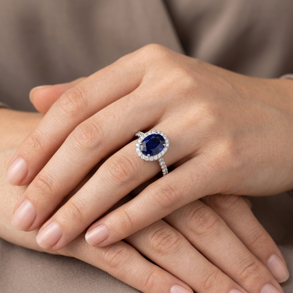 Oval Blue Sapphire Halo Ring with Pave Natural Diamond Band