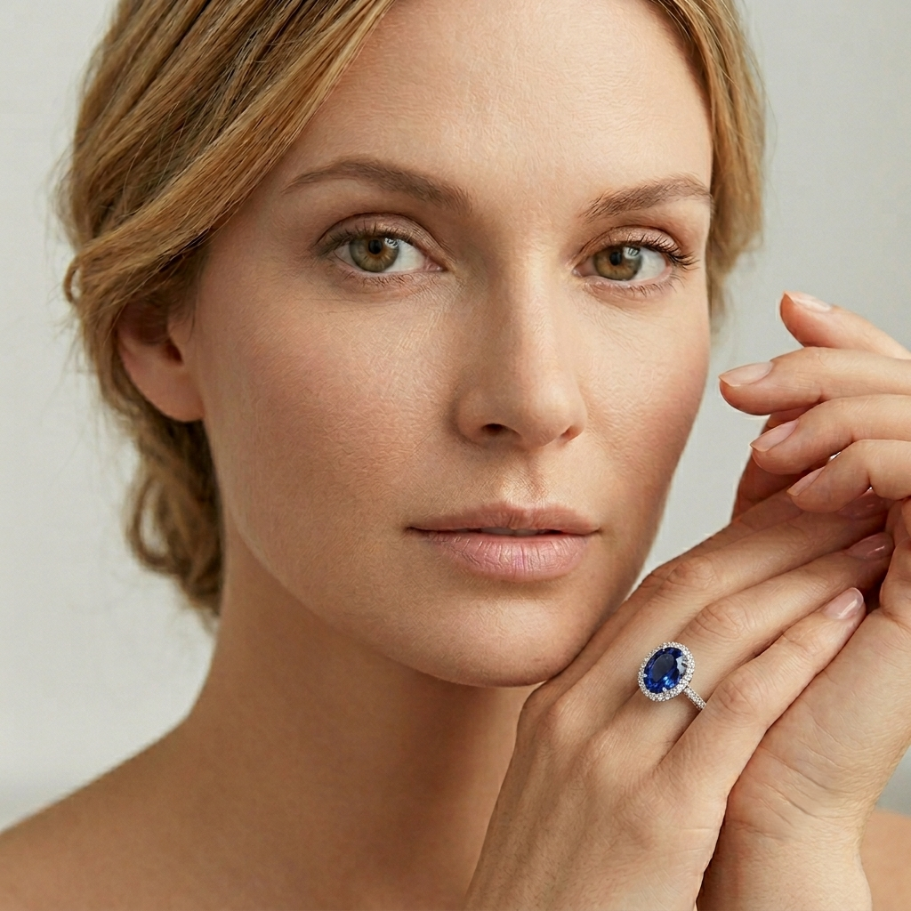 Oval Blue Sapphire Halo Ring with Pave Natural Diamond Band