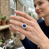 Cushion Cut Blue Sapphire Halo Ring with Round Cluster Natural Diamond