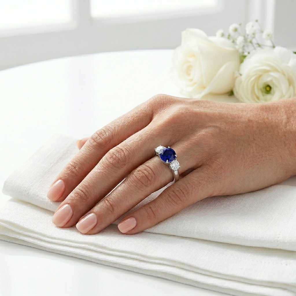 9K Yellow Gold Round Cut Natural Diamond Three-Stone Ring with Oval Colour Gemstone