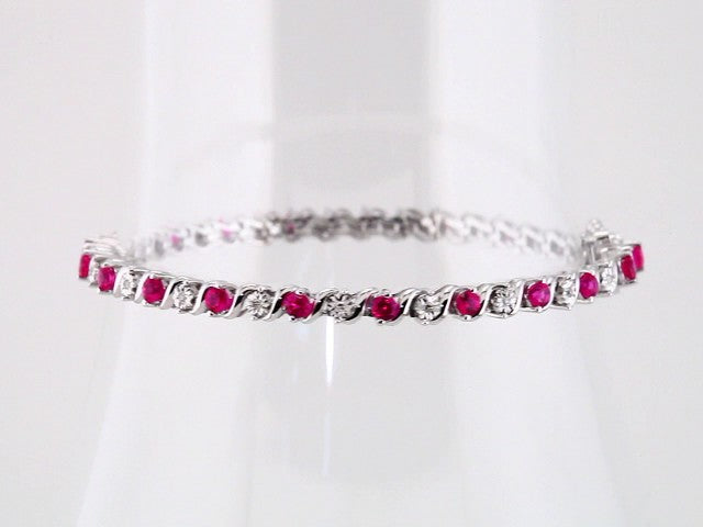 Round Lab-Grown Ruby & Natural Diamond Line Bracelet In Gold & Platinum